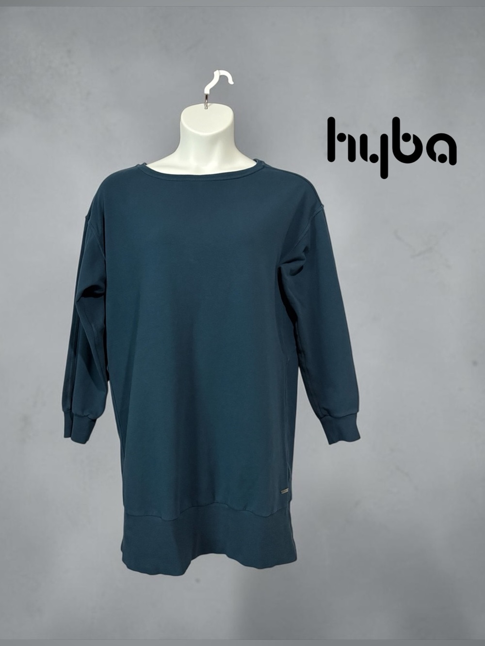 Hyba, Teal Blue Cotton Sweatshirt Dress, 3/4 Sleeve Back Zip Stretch, Size XL